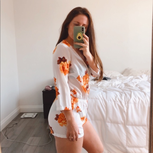Sheer Floral Long Sleeve Short Romper - Picture 2 of 9